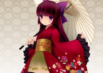 Cute Kimono - realistic, nice, female, simple, anime girl, pretty, umbrella, anime, ribbon, kimono, cute, girl, adorable, long hair, lovely, cg, kawaii, 3d, plain, yukata, sweet, smile, happy, adore