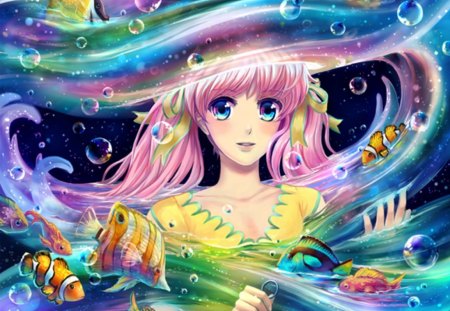 Cosmic Flow - cute, water, sweet, anime, twintails, anime girl, girl, long hair, fantasy, magic, pink hair, lovely, fish, bubble, female