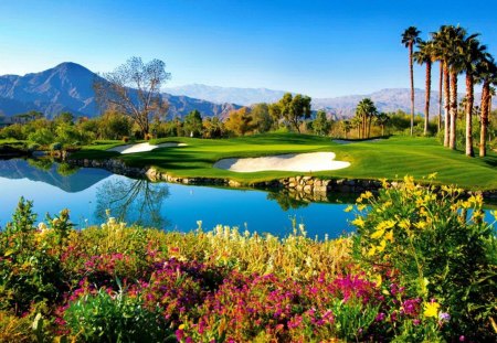 Palm Springs golf - nice, fun, trees, joy, water, greenery, meadow, field, pretty, game, america, green, grass, fresh, lake, golf, palms, lovely, exotic, sport, flwoers, beautiful, palm springs