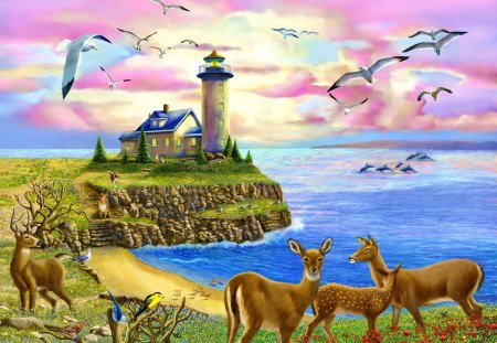 Nature park - lighthouse, animals, beautiful, delphin, ocean, nature, deers, colors, romantic, birds, colorful