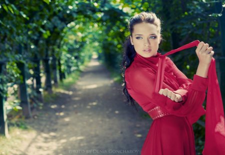 In Red Dress - woman, beauty, models, female, fashion, elegant, red, femininity, celebrity, dress