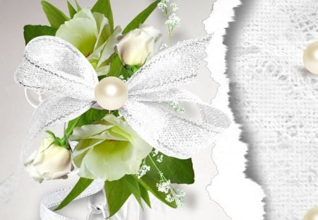 A Day to Remember - babys breath, roses, white, fleur, lace, romance, green, lime, ribbon, pearl, feminine, wedding, cream, bow, ivory, flowers, torn