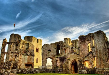 ruins of an ancient castle hdr - clouds, ancient, hdr, castle, flag, ruins