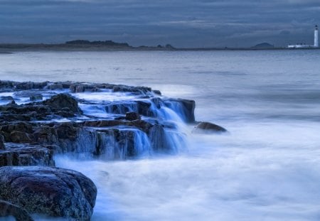 lighthouse on a scottish seacoast - surf, coast, lighthouse, sea, rocks