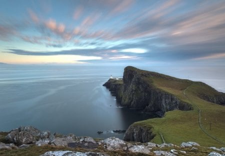 lighthouse on coastal point in scotland - lighthouse, point, coast, sea, grass