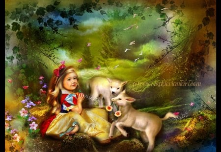 Friendship - forest, child, fantasy, deer, girl