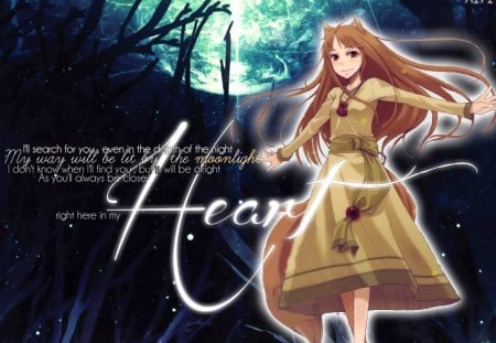 You're Here In My Heart - moon, spice and wolf, forest, anime, holo