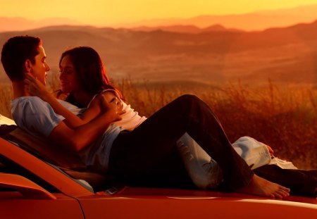 Lovers on the car hood - sunsets, car, hood, lovers