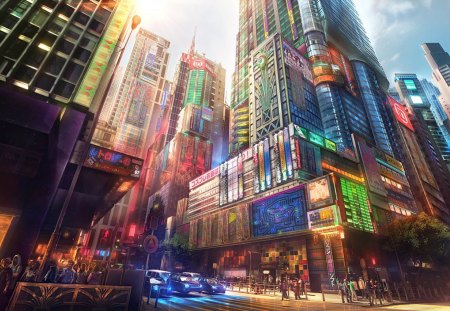 Anime City - anime, multicolor, people, car, skyscrapers, color, nice, sky, house, beautiful, city, beauty, lovely, architecture, sweet, motorcar, cloud, building