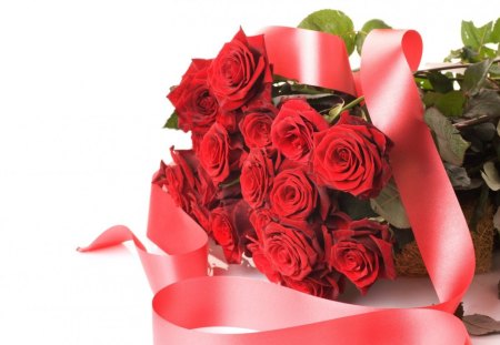 Bouquet of red rose - red, ribbon, rose, petals, flowers, bouquet