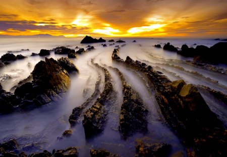 SUNSET HORIZON - sky, rocks, landscape, sunset, sea, nature