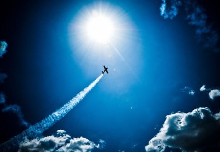 Touch the Sky - sky, plane, blue, sun