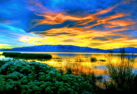 GOLDEN DUSK - mountains, evening, sunset, sea, grass