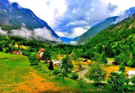 LIVING in PARADISE - valley, slovenia, houses, trees, forests, landscape, hills, paradise, roads, mountains, nature, clouds