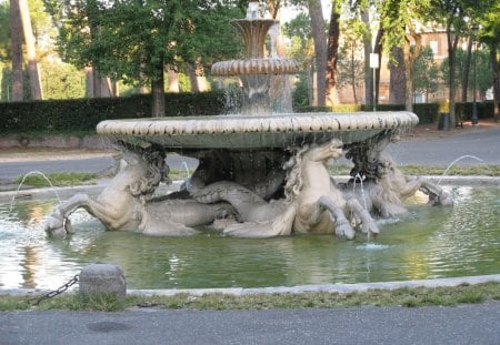 Fontana dei Cavalli Marini - Villa Borghese - Rome - stone, italy, statue, water, vila borghese, fontana dei cavalli marini, monument, fountain, horse, green, tree, rome