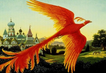 Phoenix - sky, russia, wings, phoenix, fantasy, painting, art, church, castle, red, blue, orange, green, fly