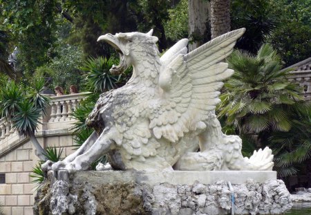 Griffon - griffon, statue, wings, monument, fantasy, nature, creature, green, tree