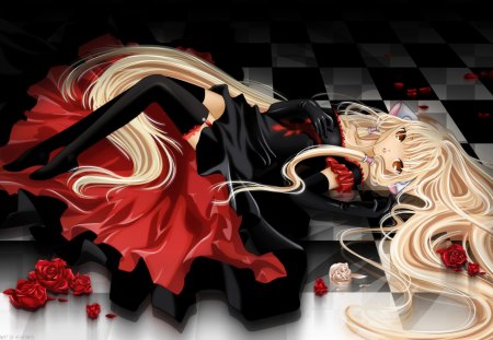 Freya - sexy, freya, girl, black, chobits, blonde hair, red, anime, manga, dress