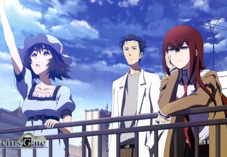 Steins Gate - sky, anime, short hair, clouds