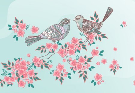 Sakura Spring Song - blooms, birds, cherry blossoms, fragrant, spring, sweet, flowers, Sakura, pastel