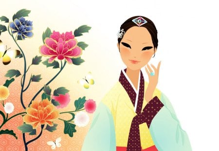 Beauty - princess, beauty, korean, peonie, art, yellow, orange, green, kimono, vector, girl, asian, butterfly, red, blue, pink, insect, chinese, flower