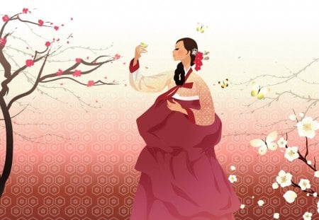 Spring - dress, girl, chinese, vector, spring, flower, pink, tree, bloom, white, butterfly, art, asian, korean