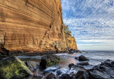 sheer cliff by the seashore hdr - cliff, shore, hdr, sea, rocks