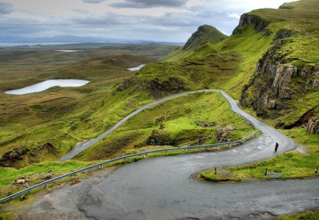 winding road in scotland hills - lakes, road, hills, man, grass