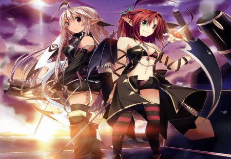 Warrior Girls - girls, warrior, wing, long hair, sunset, weapons, orginal