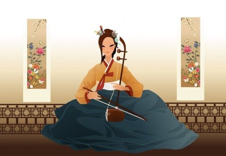 Beautiful music - blue, brown, violin, dress, girl, chinese, vector, beauty, flower, orange, music, red, art, song, korean