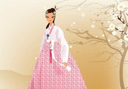 Princess - princess, vector, girl, bloom, korean, asian, spring, white, art, pink, tree, chinese, flower, dress