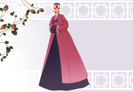 Waiting - waiting, winter, dress, girl, vector, flower, pink, red, green, art, asian, korean