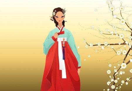 Spring - korean, red, flower, girl, vector, blue, art, white, chinese, bloom, asian