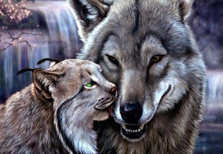 Best Friends - wolf, abstract, animals, fantasy, lynx