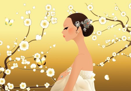 Spring - yellow, girl, chinese, vector, spring, flower, tree, bloom, white, princess, day, art, asian, korean