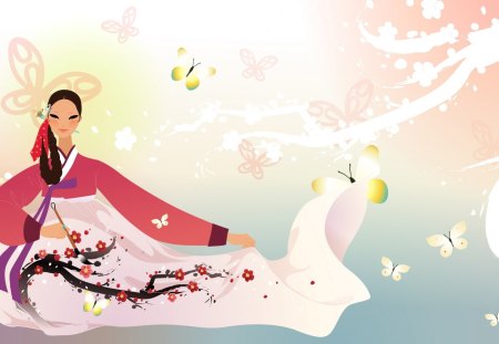 Spring - yellow, spring, pink, red, garden, art, korean, girl, chinese, vector, tree, bloom, white, wings, butterfly, insect, asian