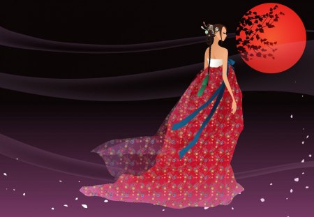 Red moon - moon, dress, girl, chinese, vector, spring, reed, petals, purple, princess, art, asian, sun, korean