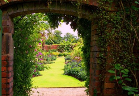 Peek in the garden - arch, trees, gate, flowers, path, garden