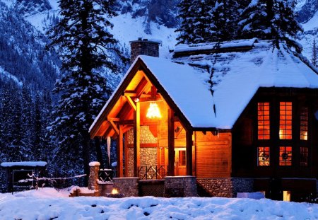 Country house in the mountain - house, snow, treee, mountain