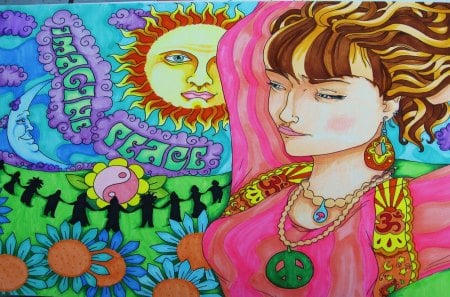 Psychedelic Woman - abstract, blue, colors, pink, orange, peace, psychedelic, green, face