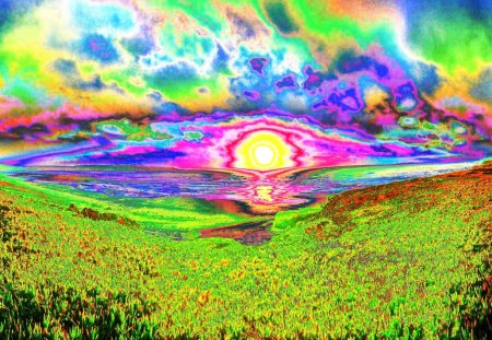 Psychedelic Sunset - abstract, curves, colors, ocean, shapes, sunset, psychedelic, green, land