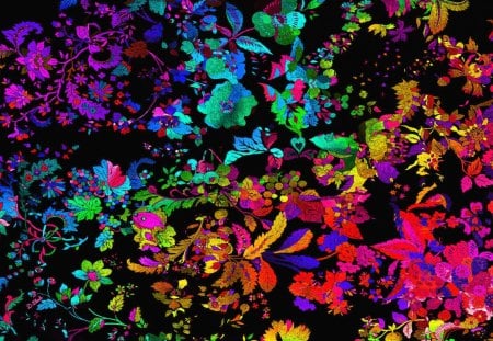 Pyschedelic Flowers - abstract, yellow, colors, pink, orange, leaves, flowers, shapes, purple, psychedelic, green