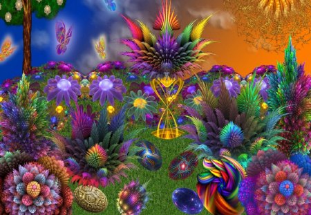 Abstract Fantasy - shapes, ground, fantasy, abstract, purple, pink, blue, orange, green, tree, flowers, colors, grass