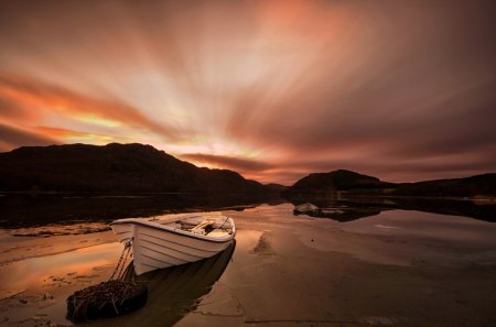 Sunset- boat - lake, landscape, sun, mountains, boat