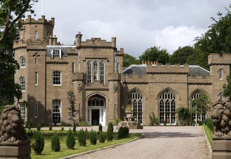 classical castle in scotland - driveway, grass, trees, castle