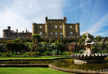 beautiful culzean castle in scotland - duck, wallpaper, buildings, fountain, castle, architecture, garden, scotland, new