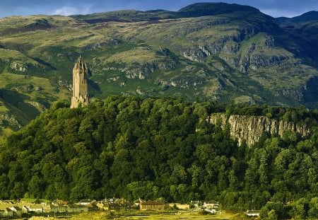 wonderful monument on a hill above stirling scotland - forest, mountains, hill, town, monument