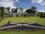 fantastic castle with scottish flag in flowers