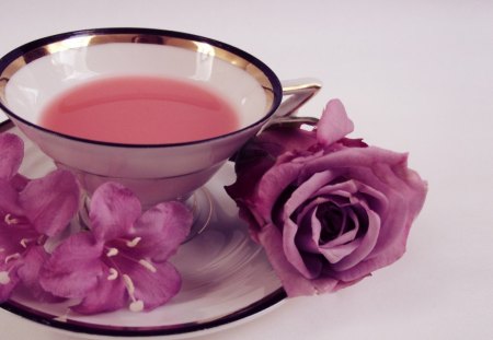 A cup of Roses - morning, glass, roses, cap, tea, saucer, rose, cup, purple, pretty, fregrance, flowers