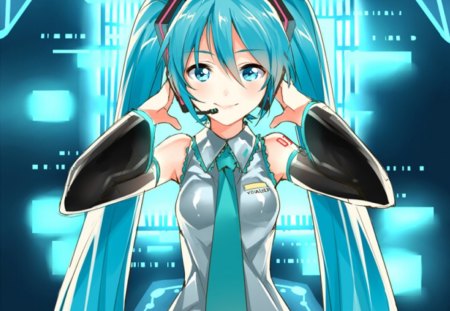 Hatsune Miku - female, hot, superstar, singer, anime girl, idol, anime, miku, cute, hatsune miku, sexy, girl, twintails, light, blue eyes, long hair, vocaloids, glow, blue hair, vocaloid, headphones, diva